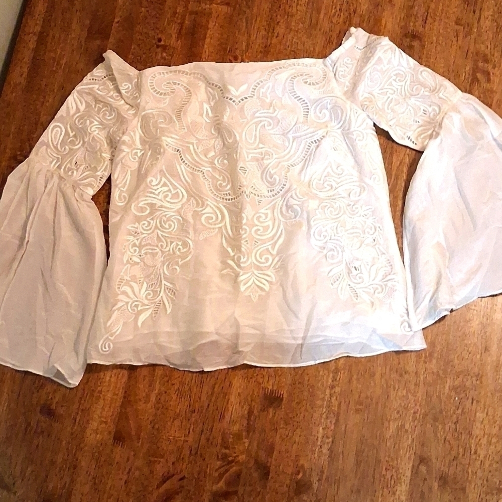 Intermix Aaron Embroidered Cotton/Silk White Off Shoulder Bridal Top M